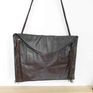 VINTAGE Brown Bag Leather Shoulder Envelope Purse Fringes‎ Formal XL Dark 90s